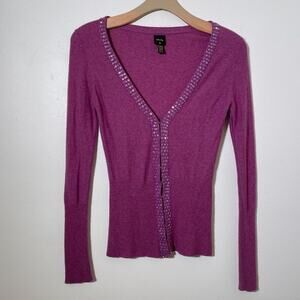 Vintage Y2K Plenty Wool Blend Magenta Deep V Cardigan / Sz L / Fitted Sequined
